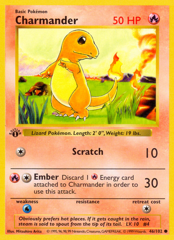 【極希少】Charmander ヒトカゲ 1st edition シャドウレス Charmander (46/102) (Shadowless) [Base Set 1st Edition] | Good