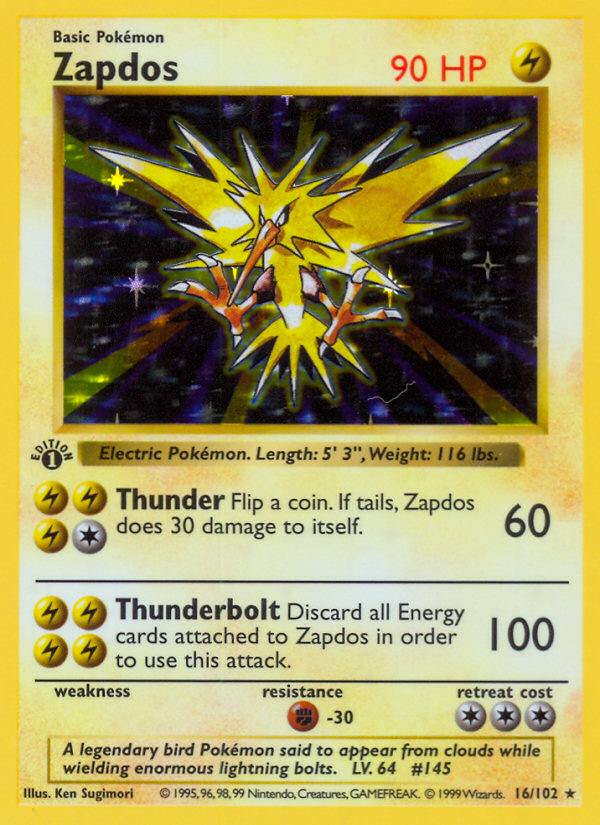 ZAPDOS SHADOWLESS 16/102 サンダー 英語版 Zapdos (16/102) (Shadowless) [Base Set 1st Edition] | Good Games TCG