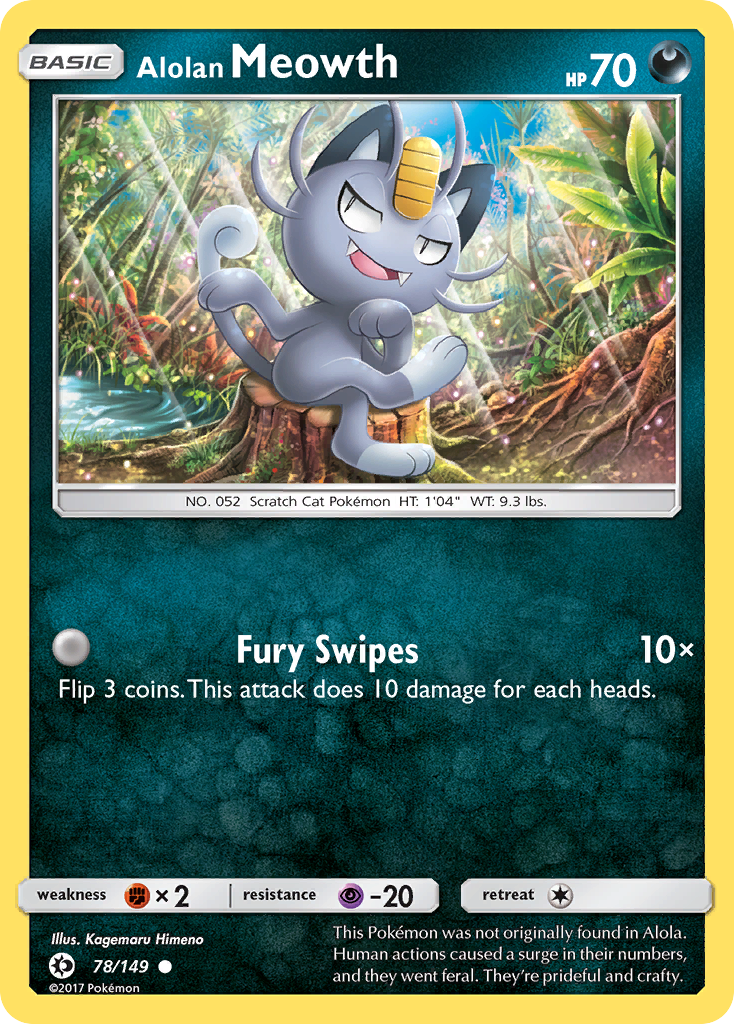 what pokemon set has 149 cards Alolan Meowth (78/149) [Sun & Moon: Base Set]