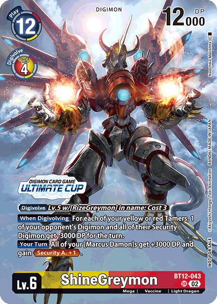 shinegreymon digimon card game [BT12-043] (Ultimate Cup 2024) [Across Time] Features the powerful ShineGreymon super rare card from the Digimon TCGA BT12 set. Digimon Card Game - AD01