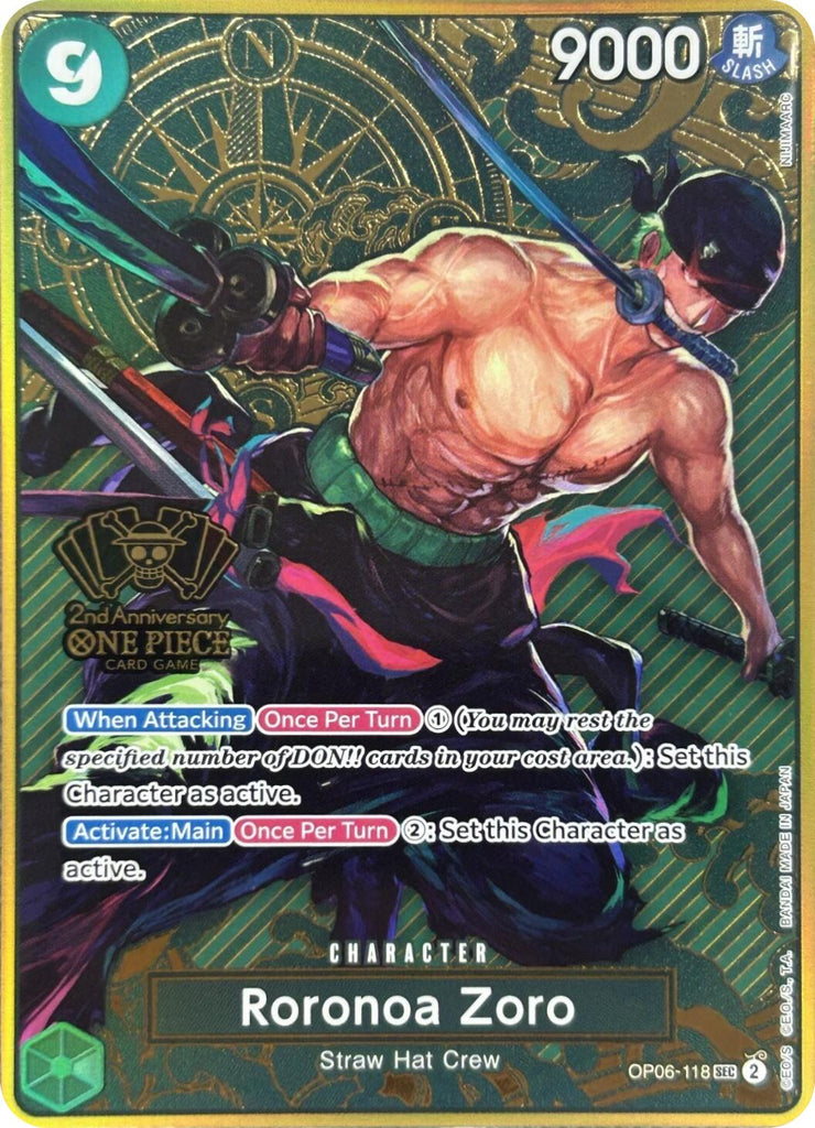 thumbnail image 2 of Roronoa Zoro OP06-118 SEC Full Art Japanese – Wings Of Captain – One Piece Card Game 2 of 5