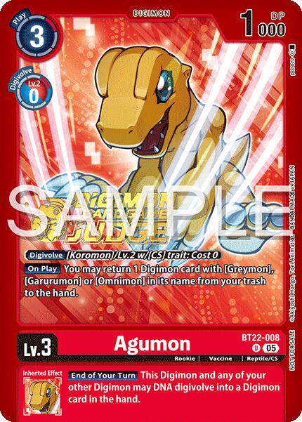 agumon digimon card Agumon [BT22-008] (Judge Pack 2025 Wave 2) [Cyber Eden]