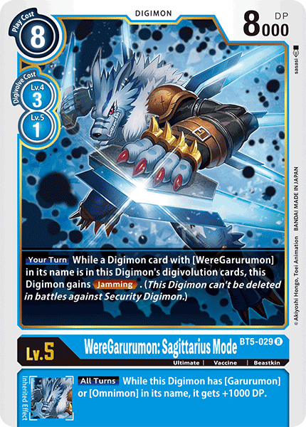 digimon weregarurumon card WereGarurumon: Sagittarius Mode [BT5-029] [Battle of Omni] return 1 of your opponents level 4 or lower Digimon to its owners hand. WereGarurumon (BT24-050) - DigimonCard