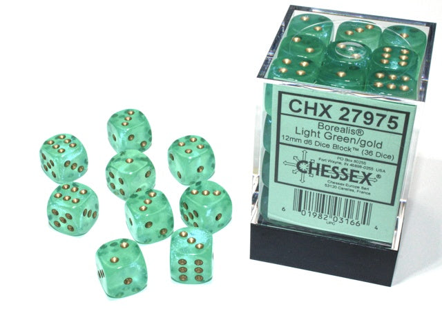 Chessex - Borealis 12mm d6 Light Green/gold Block (36) CHX 27975