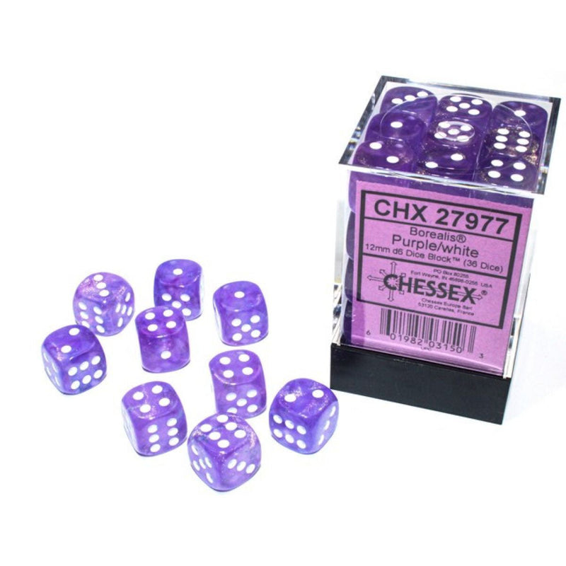 Chessex - Borealis 12mm d6 Purple/white Luminary Block (36) CHX 27977