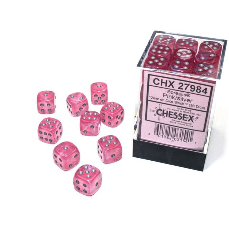 Chessex - Borealis 12mm d6 Pink/silver Luminary Block (36) CHX 27984