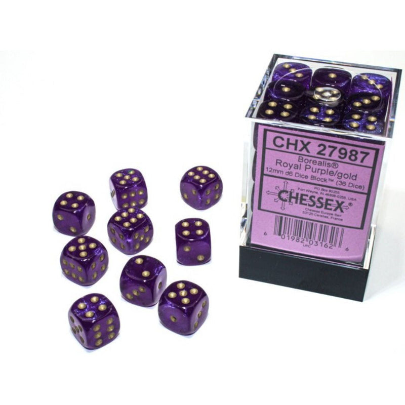 Chessex - Borealis 12mm d6 Royal Purple/gold Luminary Block (36) CHX 27987