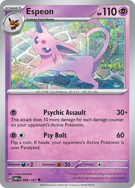 211 197 pokemon card Espeon (086/197) [Scarlet & Violet: Obsidian Flames] Fighting / 70 / Basic Attack 1 2023 POKEMON OBF EN-OBSIDIAN FLAMES